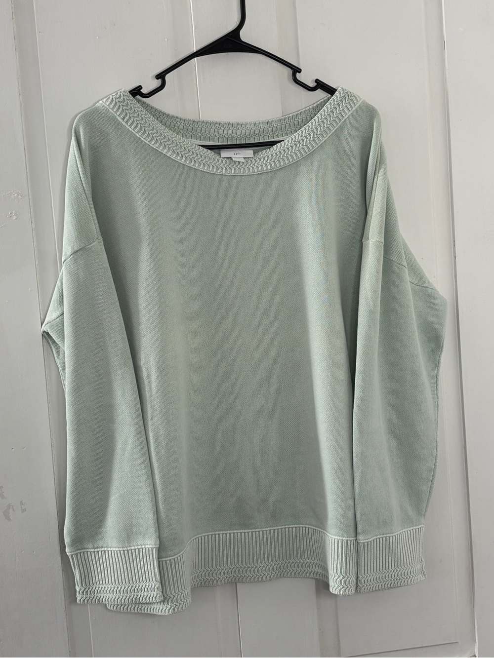 J.Jill Light Sage Mint Green Women's Sweater-Trimmed Terry Pullover Relaxed Fit